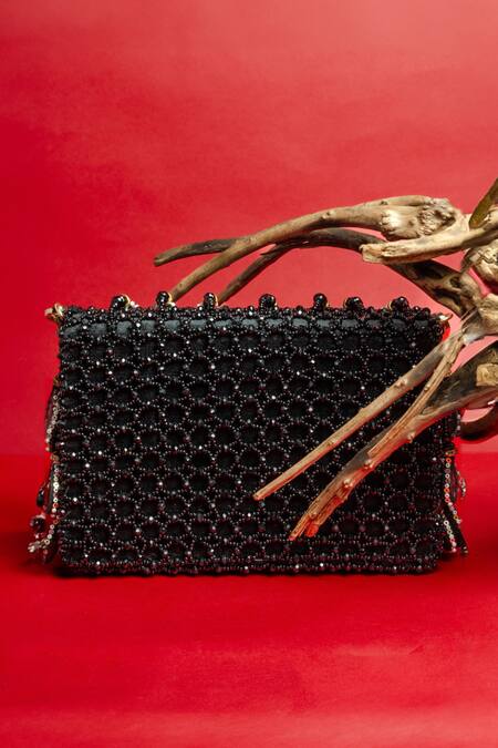 Nayaab By Sonia_Black Mirrors, Pearls, Beads Aaina Kasse Embroidered Box Shaped Potli Bag _Online_at_Aza_Fashions