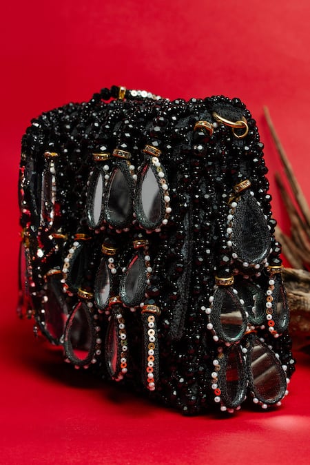 Buy_Nayaab By Sonia_Black Mirrors, Pearls, Beads Aaina Kasse Embroidered Box Shaped Potli Bag _Online_at_Aza_Fashions