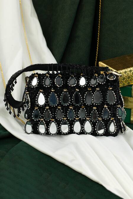 Shop_Nayaab By Sonia_Black Mirrors, Pearls, Beads Aaina Kasse Embroidered Box Shaped Potli Bag _Online_at_Aza_Fashions