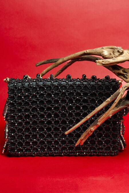 Buy_Nayaab By Sonia_Black Mirrors, Pearls, Beads Aaina Kasse Embroidered Box Shaped Potli Bag 