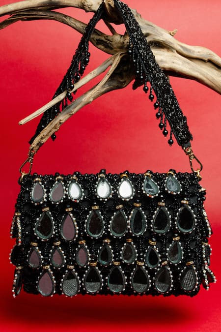 Shop_Nayaab By Sonia_Black Mirrors, Pearls, Beads Aaina Kasse Embroidered Box Shaped Potli Bag 