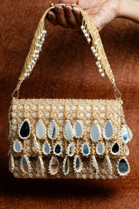 Nayaab by Sonia Gold Mirror Aaina Kasse Embroidered Box Potli Bag 