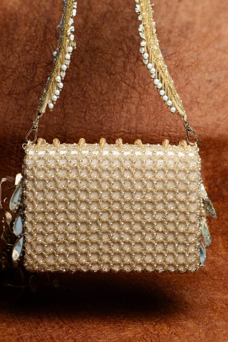 Shop Nayaab By Sonia Gold Mirrors, Pearls, Beads Aaina Kasse Embroidered Box Potli Bag at Aza Fashions Shop_Nayaab By Sonia_Gold Mirrors, Pearls, Beads Aaina Kasse Embroidered Box Potli Bag _at_Aza_Fashions