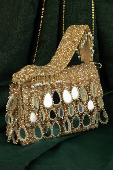 Shop Nayaab By Sonia Gold Mirrors, Pearls, Beads Aaina Kasse Embroidered Box Potli Bag Online at Aza Fashions Shop_Nayaab By Sonia_Gold Mirrors, Pearls, Beads Aaina Kasse Embroidered Box Potli Bag _Online_at_Aza_Fashions