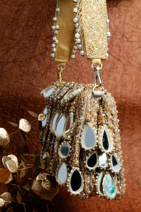 Nayaab By Sonia Gold Mirrors, Pearls, Beads Aaina Kasse Embroidered Box Potli Bag at Aza Fashions Nayaab By Sonia_Gold Mirrors, Pearls, Beads Aaina Kasse Embroidered Box Potli Bag _at_Aza_Fashions