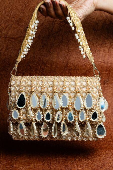 Buy Nayaab By Sonia Gold Mirrors, Pearls, Beads Aaina Kasse Embroidered Box Potli Bag Buy_Nayaab By Sonia_Gold Mirrors, Pearls, Beads Aaina Kasse Embroidered Box Potli Bag