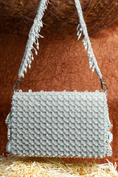 Shop Nayaab By Sonia Silver Mirrors, Pearls, Aaina Kasse Sheesha Embroidered Box Shaped Potli Bag at Aza Fashions Shop_Nayaab By Sonia_Silver Mirrors, Pearls, Aaina Kasse Sheesha Embroidered Box Shaped Potli Bag_at_Aza_Fashions