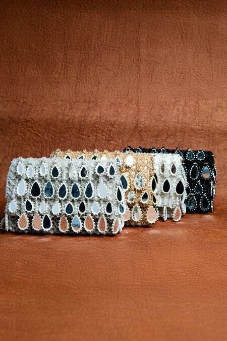 Nayaab By Sonia Silver Mirrors, Pearls, Aaina Kasse Sheesha Embroidered Box Shaped Potli Bag at Aza Fashions Nayaab By Sonia_Silver Mirrors, Pearls, Aaina Kasse Sheesha Embroidered Box Shaped Potli Bag_at_Aza_Fashions