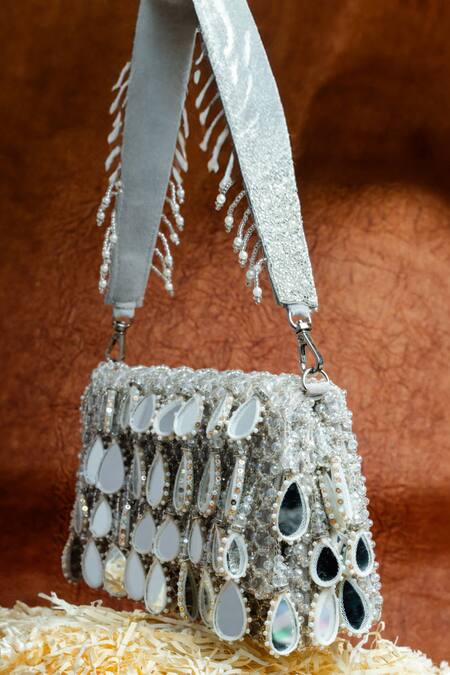 Buy Nayaab By Sonia Silver Mirrors, Pearls, Aaina Kasse Sheesha Embroidered Box Shaped Potli Bag Buy_Nayaab By Sonia_Silver Mirrors, Pearls, Aaina Kasse Sheesha Embroidered Box Shaped Potli Bag