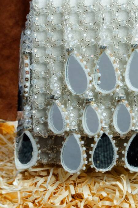 Nayaab By Sonia_White Aaina Kasse Mirror Embroidered Box Shaped Potli Bag_Online_at_Aza_Fashions