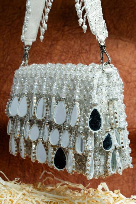 Nayaab By Sonia_White Aaina Kasse Mirror Embroidered Box Shaped Potli Bag_at_Aza_Fashions