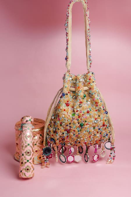 Nayaab By Sonia_Gold Mirrors, Pearls, Beads Aaina Rangeela Embroidered Potli Bag _Online_at_Aza_Fashions