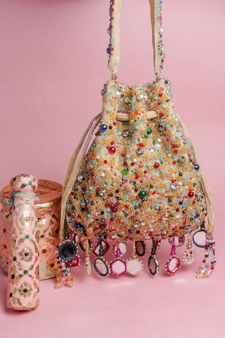 Shop_Nayaab By Sonia_Gold Mirrors, Pearls, Beads Aaina Rangeela Embroidered Potli Bag _Online_at_Aza_Fashions