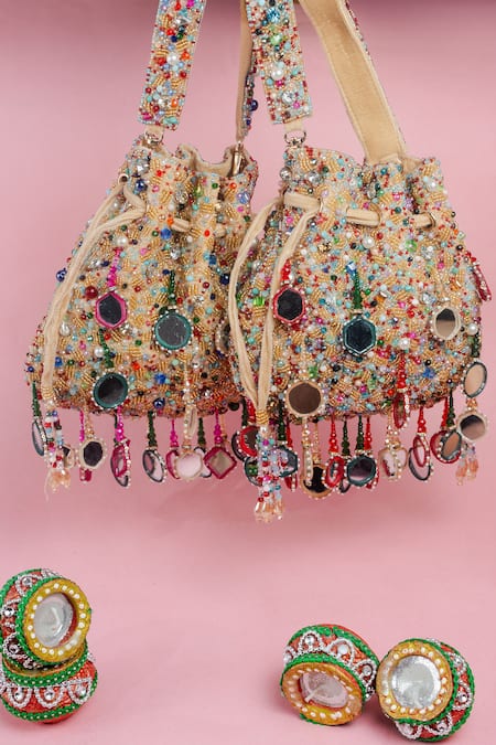 Nayaab By Sonia_Gold Mirrors, Pearls, Beads Aaina Rangeela Embroidered Potli Bag _at_Aza_Fashions