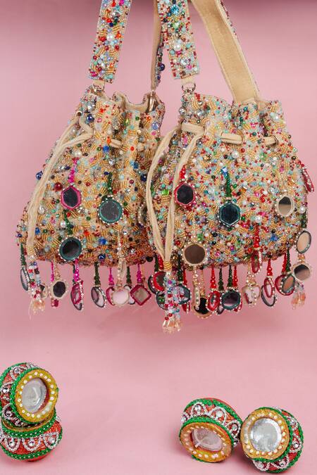 Nayaab By Sonia_Red Mirrors, Pearls, Beads Aaina Rangeela Embroidered Potli Bag _Online_at_Aza_Fashions
