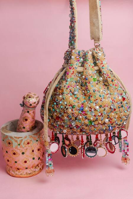 Buy_Nayaab By Sonia_Red Mirrors, Pearls, Beads Aaina Rangeela Embroidered Potli Bag _Online_at_Aza_Fashions