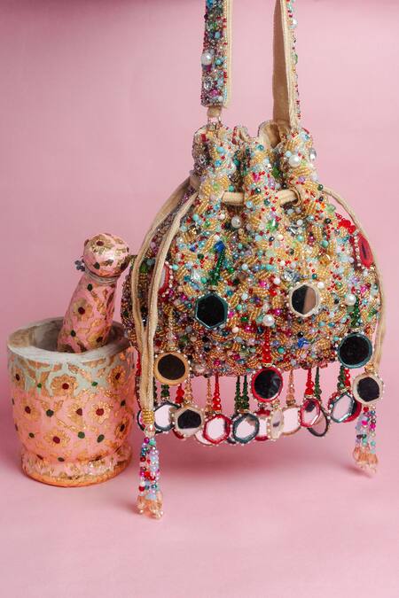 Shop_Nayaab By Sonia_Red Mirrors, Pearls, Beads Aaina Rangeela Embroidered Potli Bag _Online_at_Aza_Fashions