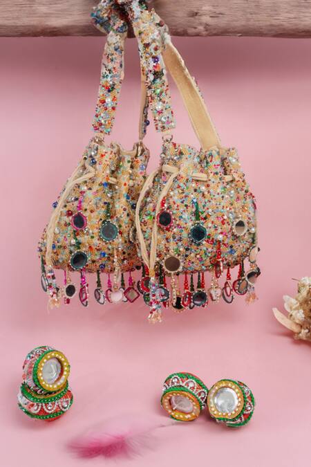 Nayaab By Sonia_Red Mirrors, Pearls, Beads Aaina Rangeela Embroidered Potli Bag _at_Aza_Fashions