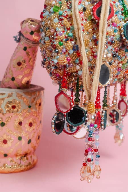 Buy_Nayaab By Sonia_Red Mirrors, Pearls, Beads Aaina Rangeela Embroidered Potli Bag 