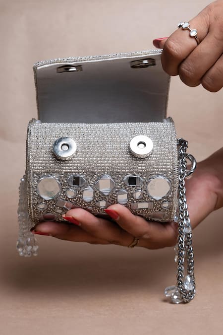 Shop Nayaab By Sonia Silver Mirrors, Zari Aynali Boshkeh Embroidered Potli Bag at Aza Fashions Shop_Nayaab By Sonia_Silver Mirrors, Zari Aynali Boshkeh Embroidered Potli Bag _at_Aza_Fashions