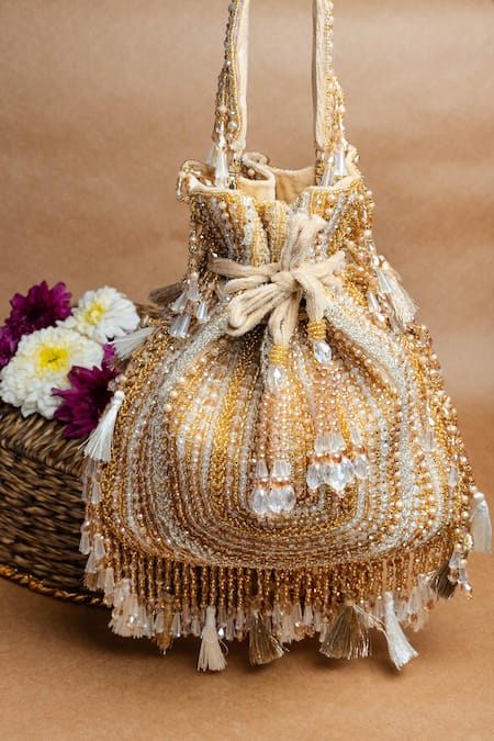 Shop_Nayaab By Sonia_Gold Beads Baraq Potli Bag _at_Aza_Fashions