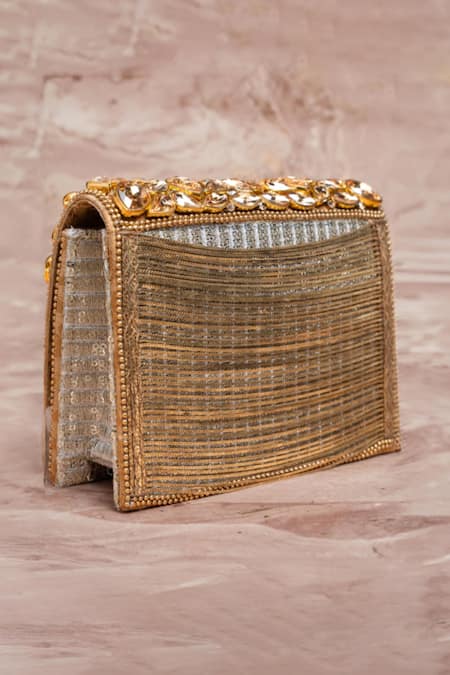Buy_Nayaab By Sonia_Gold Diamonds Hinted Kasse Clutch Bag _Online_at_Aza_Fashions