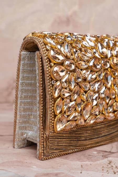 Shop_Nayaab By Sonia_Gold Diamonds Hinted Kasse Clutch Bag _Online_at_Aza_Fashions