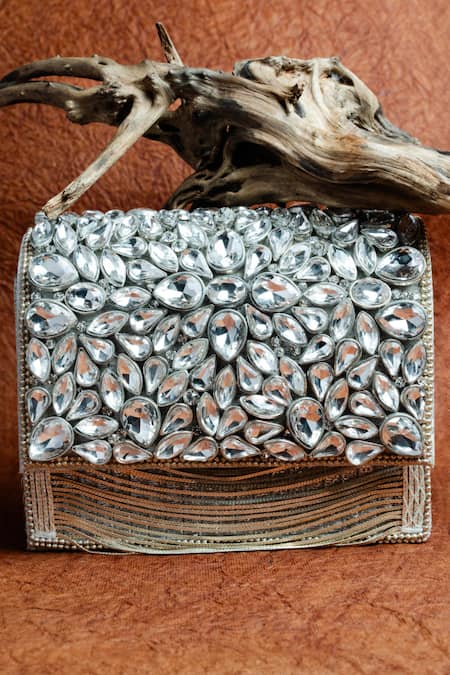 Nayaab by Sonia Silver Diamond Stone Hinted Kasse Embellished Clutch Bag 