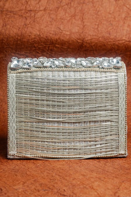 Shop Nayaab By Sonia Silver Stones, Chains, Embroidery Kasse Petal Embellished Clutch Bag at Aza Fashions Shop_Nayaab By Sonia_Silver Stones, Chains, Embroidery Kasse Petal Embellished Clutch Bag _at_Aza_Fashions