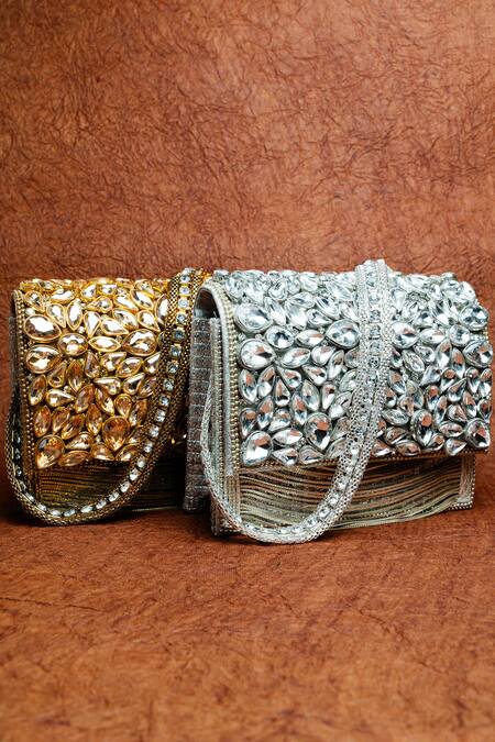 Nayaab By Sonia Silver Stones, Chains, Embroidery Kasse Petal Embellished Clutch Bag Online at Aza Fashions Nayaab By Sonia_Silver Stones, Chains, Embroidery Kasse Petal Embellished Clutch Bag _Online_at_Aza_Fashions