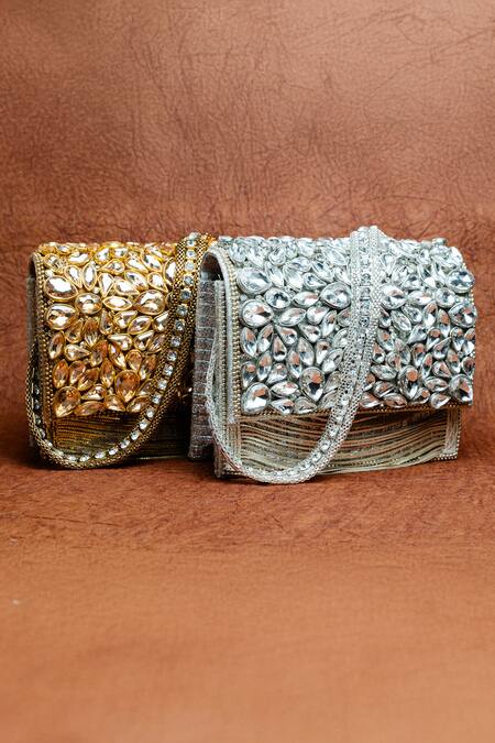 Nayaab By Sonia Silver Stones, Chains, Embroidery Kasse Petal Embellished Clutch Bag at Aza Fashions Nayaab By Sonia_Silver Stones, Chains, Embroidery Kasse Petal Embellished Clutch Bag _at_Aza_Fashions