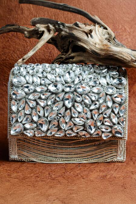 Buy Nayaab By Sonia Silver Stones, Chains, Embroidery Kasse Petal Embellished Clutch Bag Buy_Nayaab By Sonia_Silver Stones, Chains, Embroidery Kasse Petal Embellished Clutch Bag