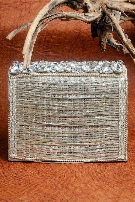 Shop Nayaab By Sonia Silver Stones, Chains, Embroidery Kasse Petal Embellished Clutch Bag Shop_Nayaab By Sonia_Silver Stones, Chains, Embroidery Kasse Petal Embellished Clutch Bag