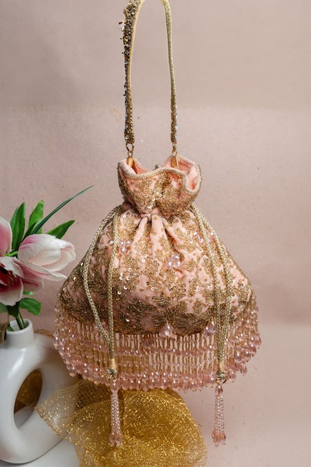 Nayaab by Sonia Pink Bead Leafy Cutdana Embroidered Potli Bag 