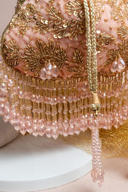 Nayaab By Sonia Pink Beads, Sequins, Crystals, Tassels Leafy Cutdana Embroidered Potli Bag Online at Aza Fashions Nayaab By Sonia_Pink Beads, Sequins, Crystals, Tassels Leafy Cutdana Embroidered Potli Bag _Online_at_Aza_Fashions