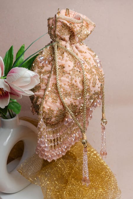 Shop Nayaab By Sonia Pink Beads, Sequins, Crystals, Tassels Leafy Cutdana Embroidered Potli Bag Online at Aza Fashions Shop_Nayaab By Sonia_Pink Beads, Sequins, Crystals, Tassels Leafy Cutdana Embroidered Potli Bag _Online_at_Aza_Fashions