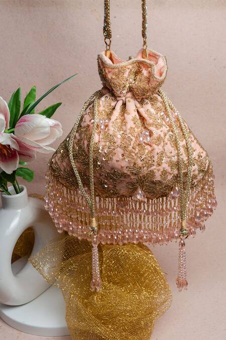 Buy Nayaab By Sonia Pink Beads, Sequins, Crystals, Tassels Leafy Cutdana Embroidered Potli Bag Buy_Nayaab By Sonia_Pink Beads, Sequins, Crystals, Tassels Leafy Cutdana Embroidered Potli Bag
