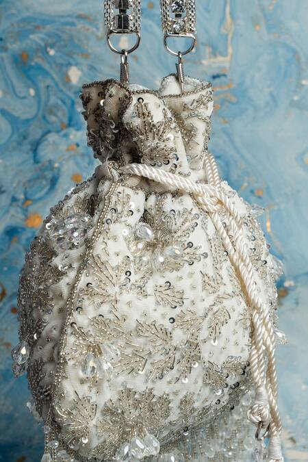 Buy_Nayaab By Sonia_Silver Crystals, Cut Work, Sequins, Beads Leafy Cutdana And Embroidered Potli Bag _Online_at_Aza_Fashions