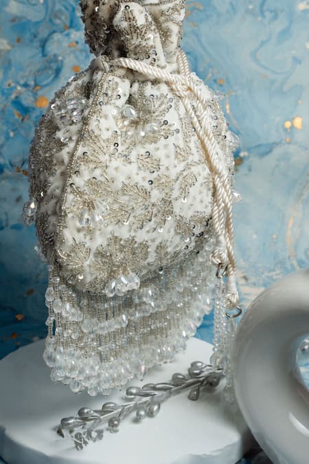 Shop_Nayaab By Sonia_Silver Crystals, Cut Work, Sequins, Beads Leafy Cutdana And Embroidered Potli Bag _Online_at_Aza_Fashions