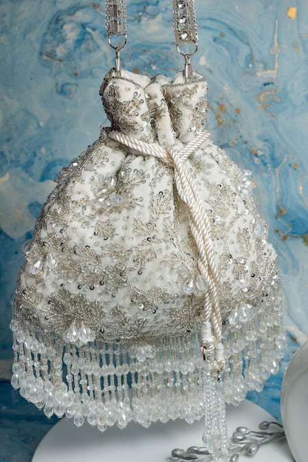 Nayaab By Sonia_Silver Crystals, Cut Work, Sequins, Beads Leafy Cutdana And Embroidered Potli Bag _at_Aza_Fashions