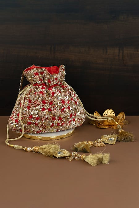 Nayaab by Sonia Red Pearl Summer Bloom Embroidered Potli Bag 