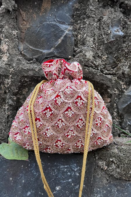 Nayaab By Sonia_Red Cut Work, Pearls, Sequins Vieira Scallop Grace Embellished Potli Bag _Online_at_Aza_Fashions