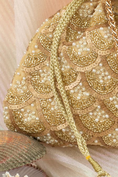 Nayaab By Sonia_Gold Cut Work, Pearls, Sequins Vieira Scallop Grace Embroidered Potli Bag _Online_at_Aza_Fashions