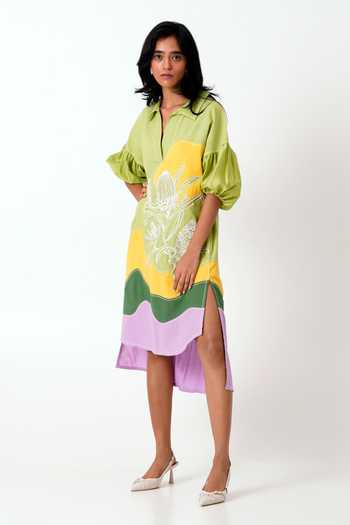 MADDER MUCH_Multi Color Handloom Cotton Embroidery, Patchwork Collared Oaks Cornfield Dress _at_Aza_Fashions
