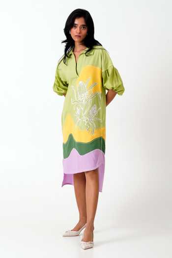 Buy_MADDER MUCH_Multi Color Handloom Cotton Embroidery, Patchwork Collared Oaks Cornfield Dress 