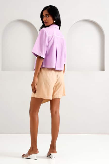 Shop_Madder Much_Purple Handloom Cotton Embroidery Collared Romy And Tom Floral Crop Top _at_Aza_Fashions