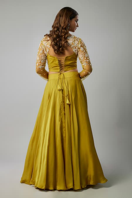 Shop FATIZ Green Georgette, Cotton Satin, Cotton, Silk And Bead Embroidered Lehenga Set at Aza Fashions Shop_FATIZ_Green Georgette, Cotton Satin, Cotton, Silk And Bead Embroidered Lehenga Set _at_Aza_Fashions