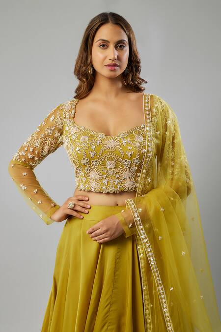 Buy FATIZ Green Georgette, Cotton Satin, Cotton, Silk And Bead Embroidered Lehenga Set Online at Aza Fashions Buy_FATIZ_Green Georgette, Cotton Satin, Cotton, Silk And Bead Embroidered Lehenga Set _Online_at_Aza_Fashions