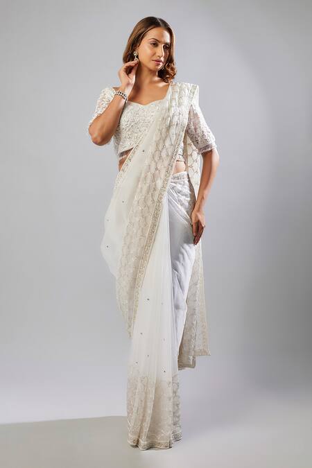 Fatiz_White Organza, Tulle Beads, Cut Work Sweetheart Embroidered Saree With Blouse _Online_at_Aza_Fashions