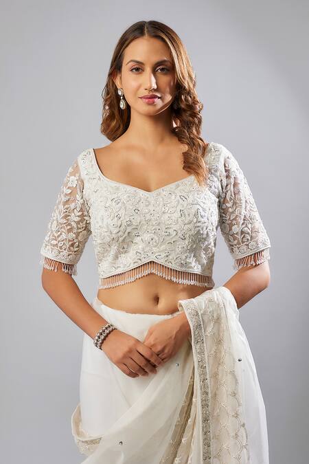 Buy_Fatiz_White Organza, Tulle Beads, Cut Work Sweetheart Embroidered Saree With Blouse _Online_at_Aza_Fashions